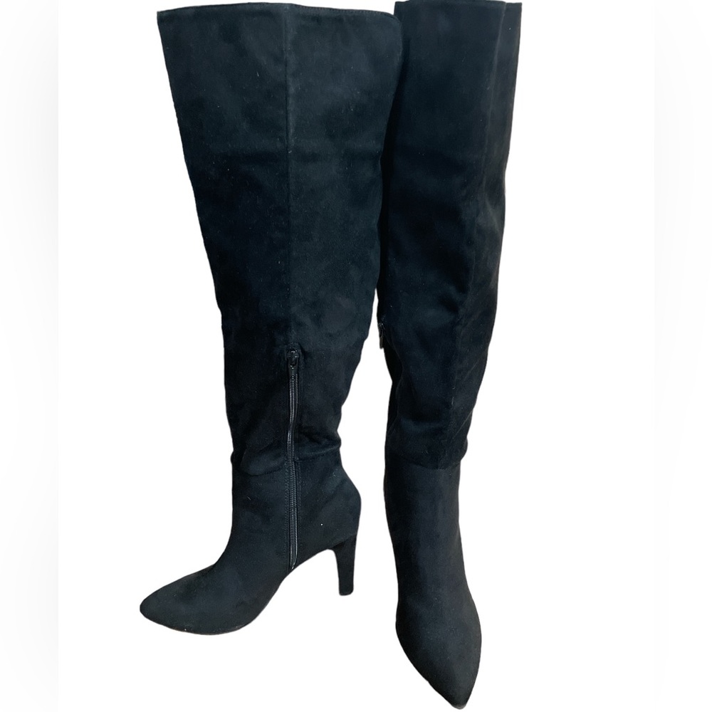 Black suede pointed toe high heel tall over the knee winter boots sz 6.5